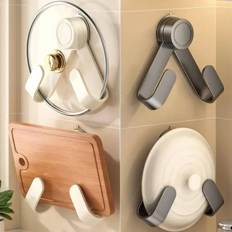 Kitchen Wall Storage Solution Suction Cup Pot Lid Holder with Hooks Drill Free Rack for Apartment Dormitory